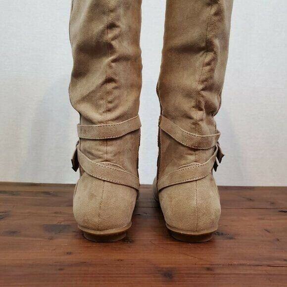 JustFab‎ Womens Boots 7 Brown Suede Knee High Zip Up Flat Pull-On Almond Toe - Picture 5 of 10